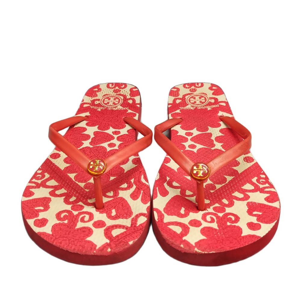 Tory Burch Flip Flop Sandals Womens 8.5 Red White Floral Summer Comfort Slip On
